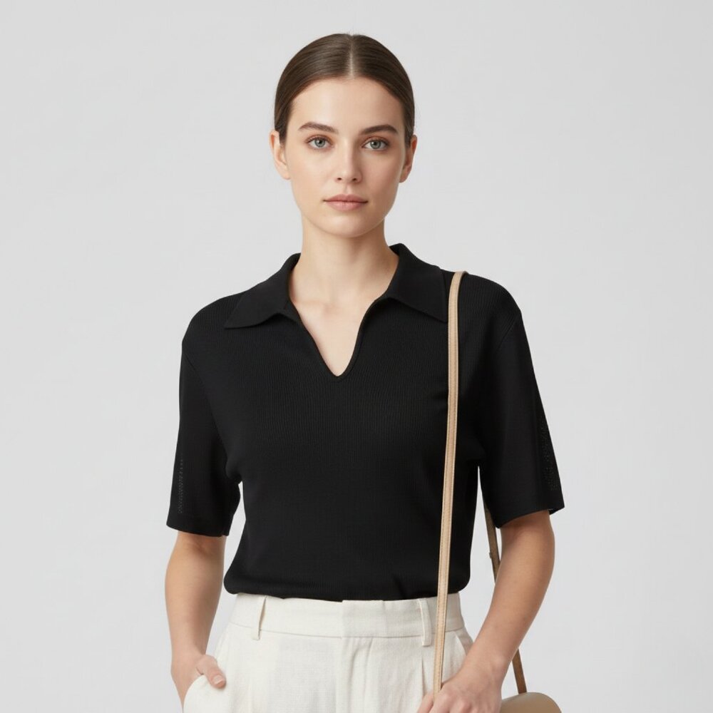 Djerf Avenue Womens Xlarge Getaway Vneck T-shirt Collar Black Color